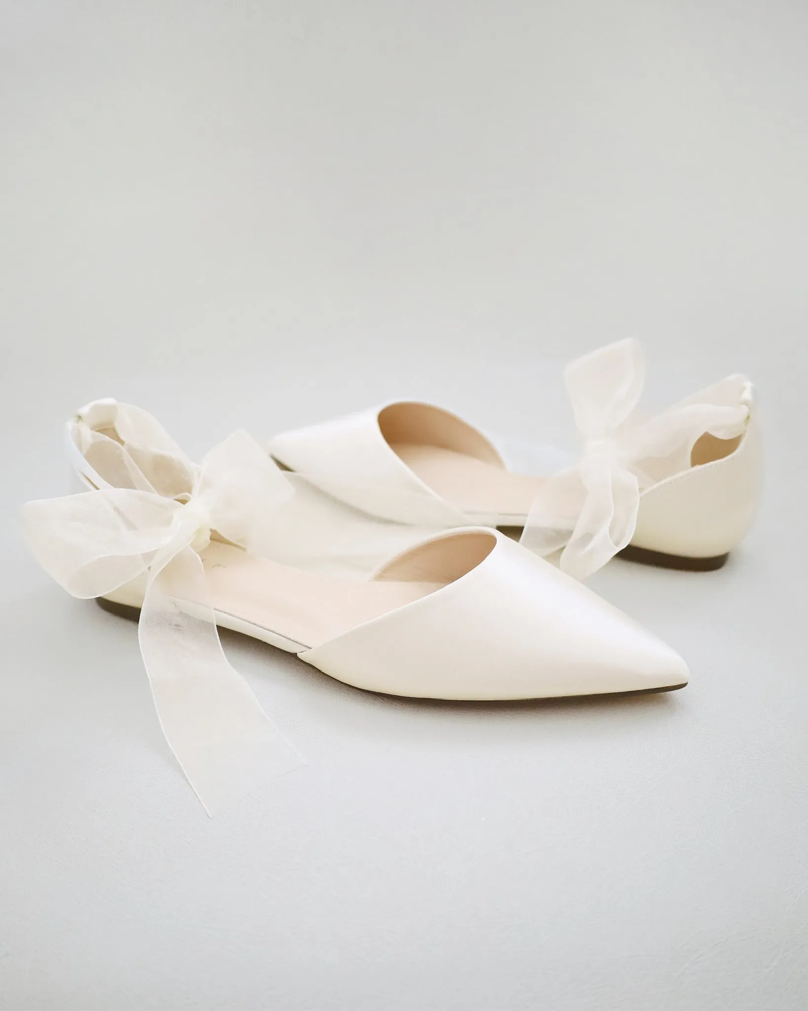 Satin Pointy Toe Bridal Flats with Ribbon Tie or Pearls Strap