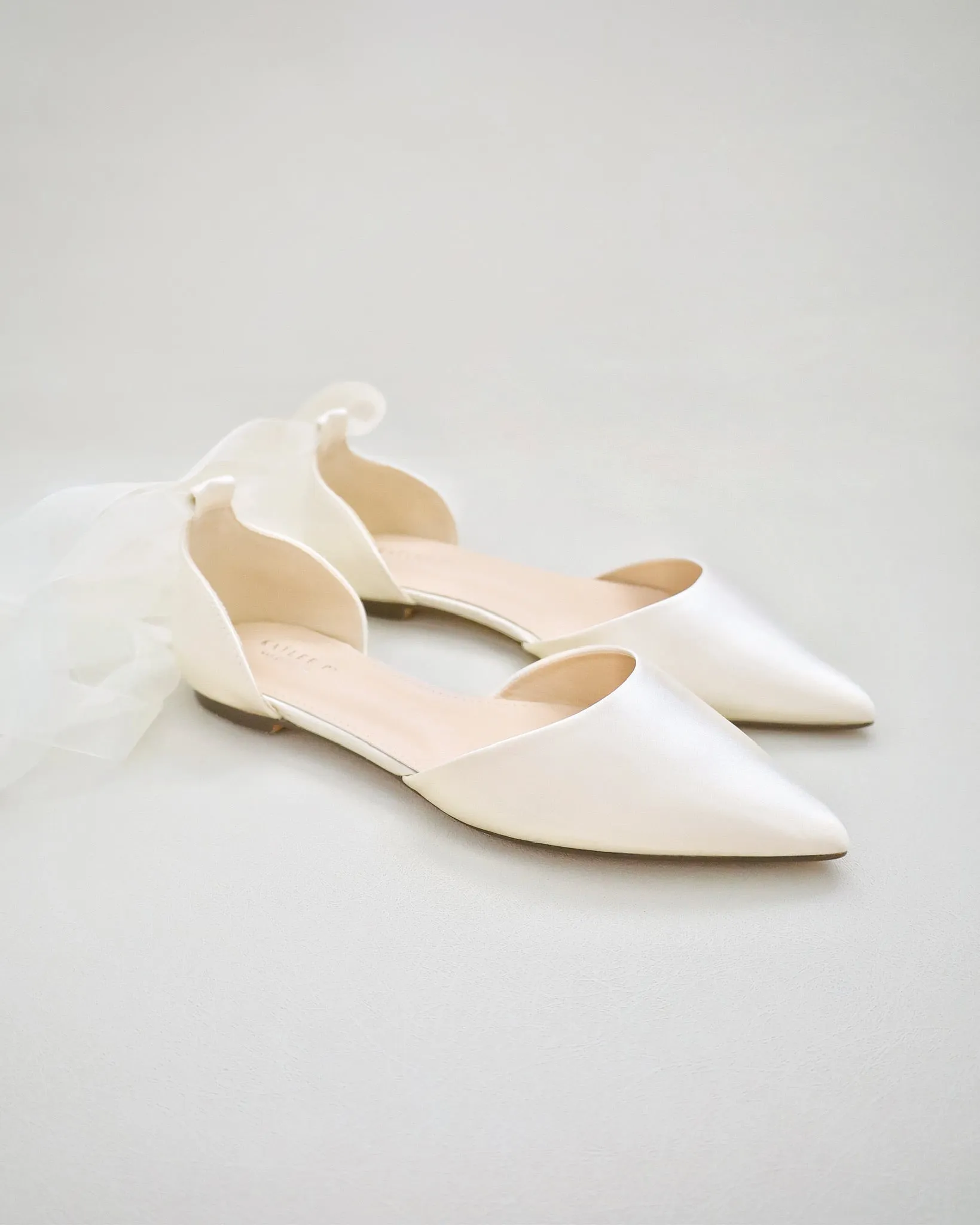 Satin Pointy Toe Bridal Flats with Ribbon Tie or Pearls Strap