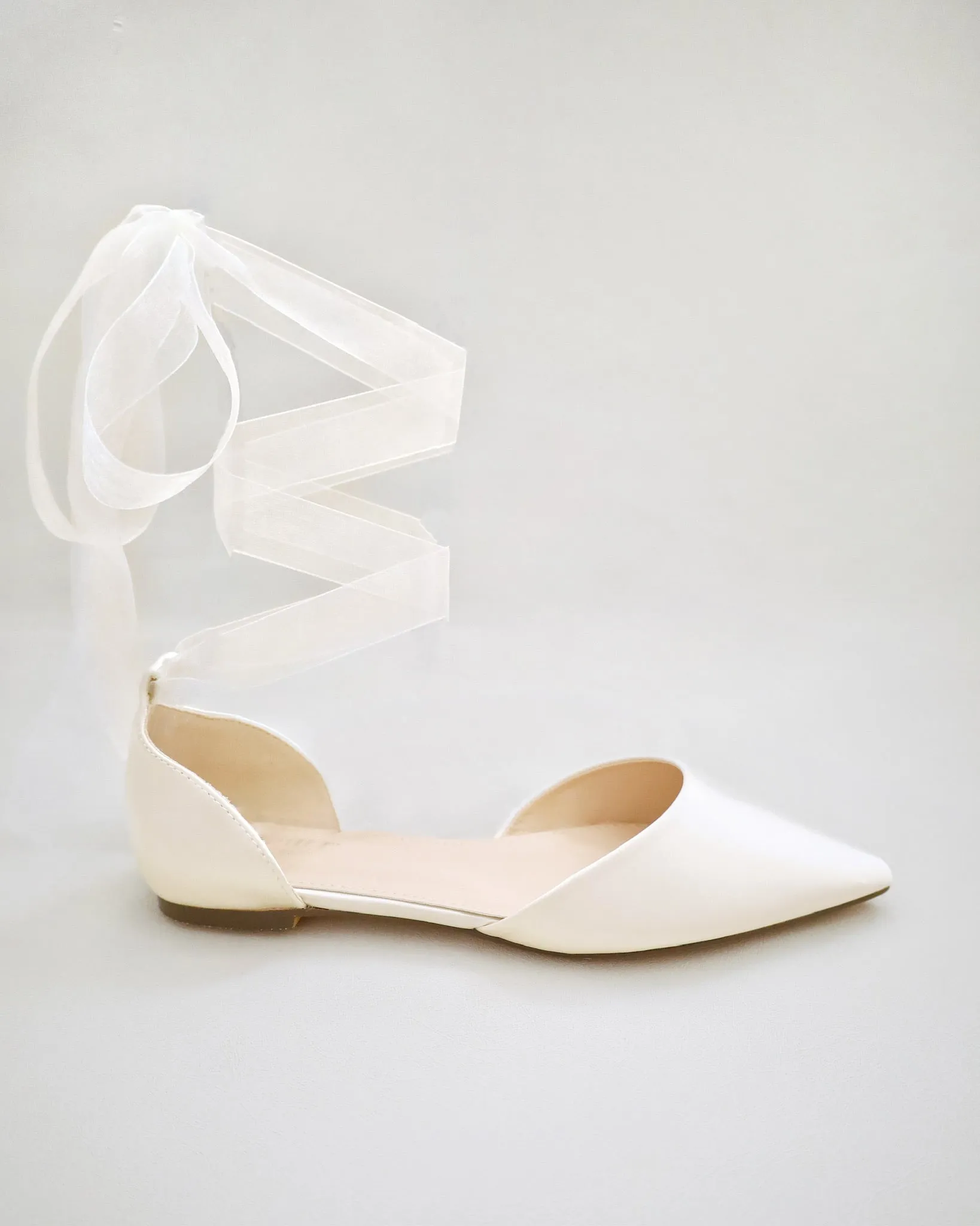 Satin Pointy Toe Bridal Flats with Ribbon Tie or Pearls Strap
