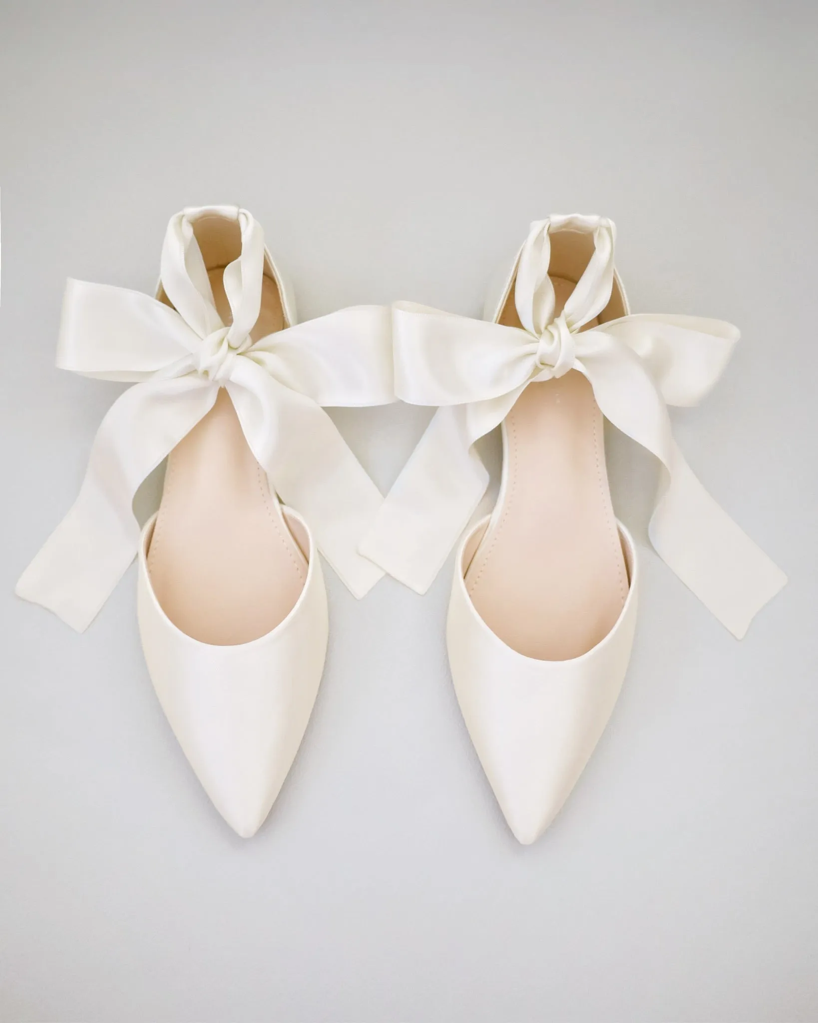 Satin Pointy Toe Bridal Flats with Ribbon Tie or Pearls Strap