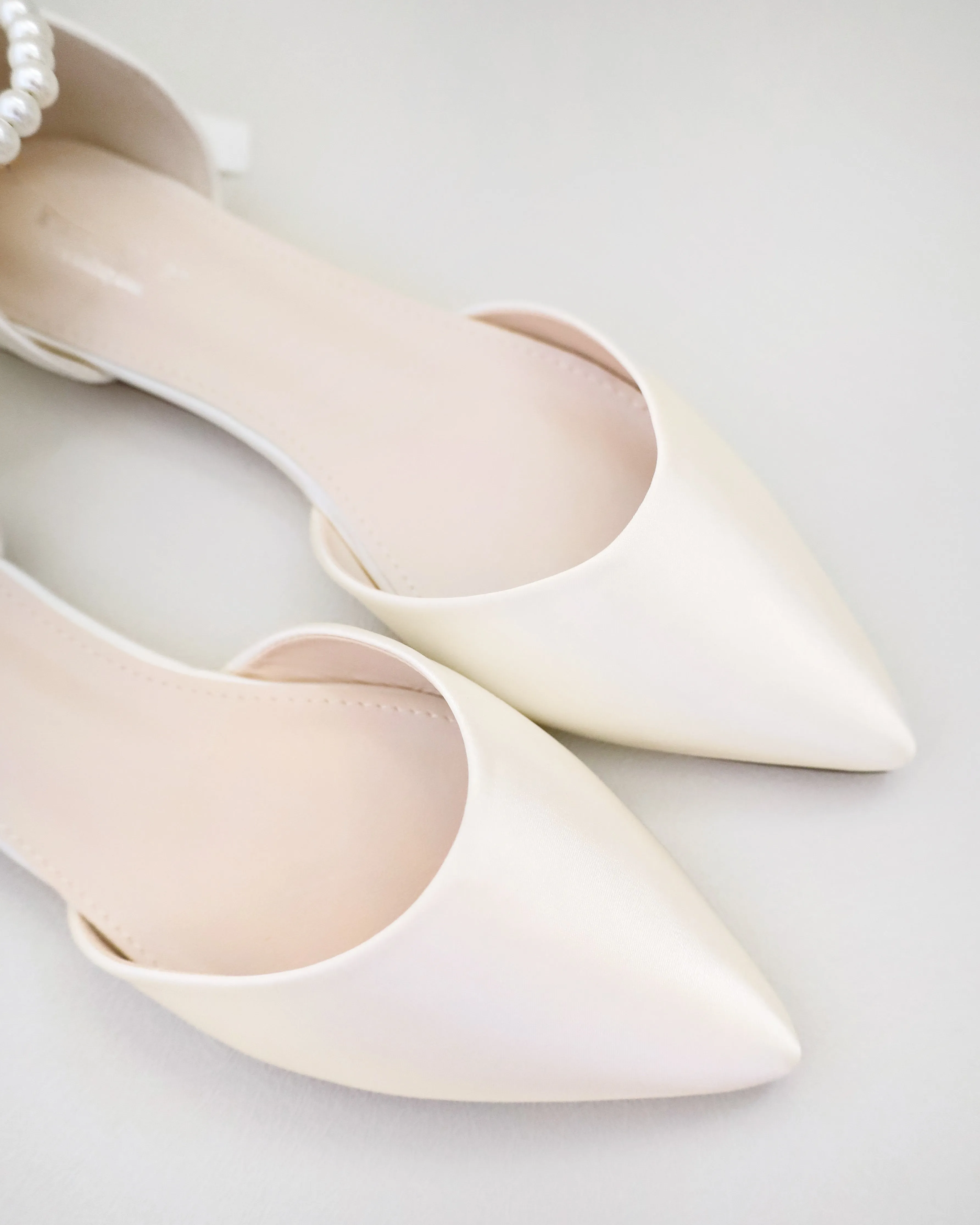Satin Pointy Toe Bridal Flats with Ribbon Tie or Pearls Strap