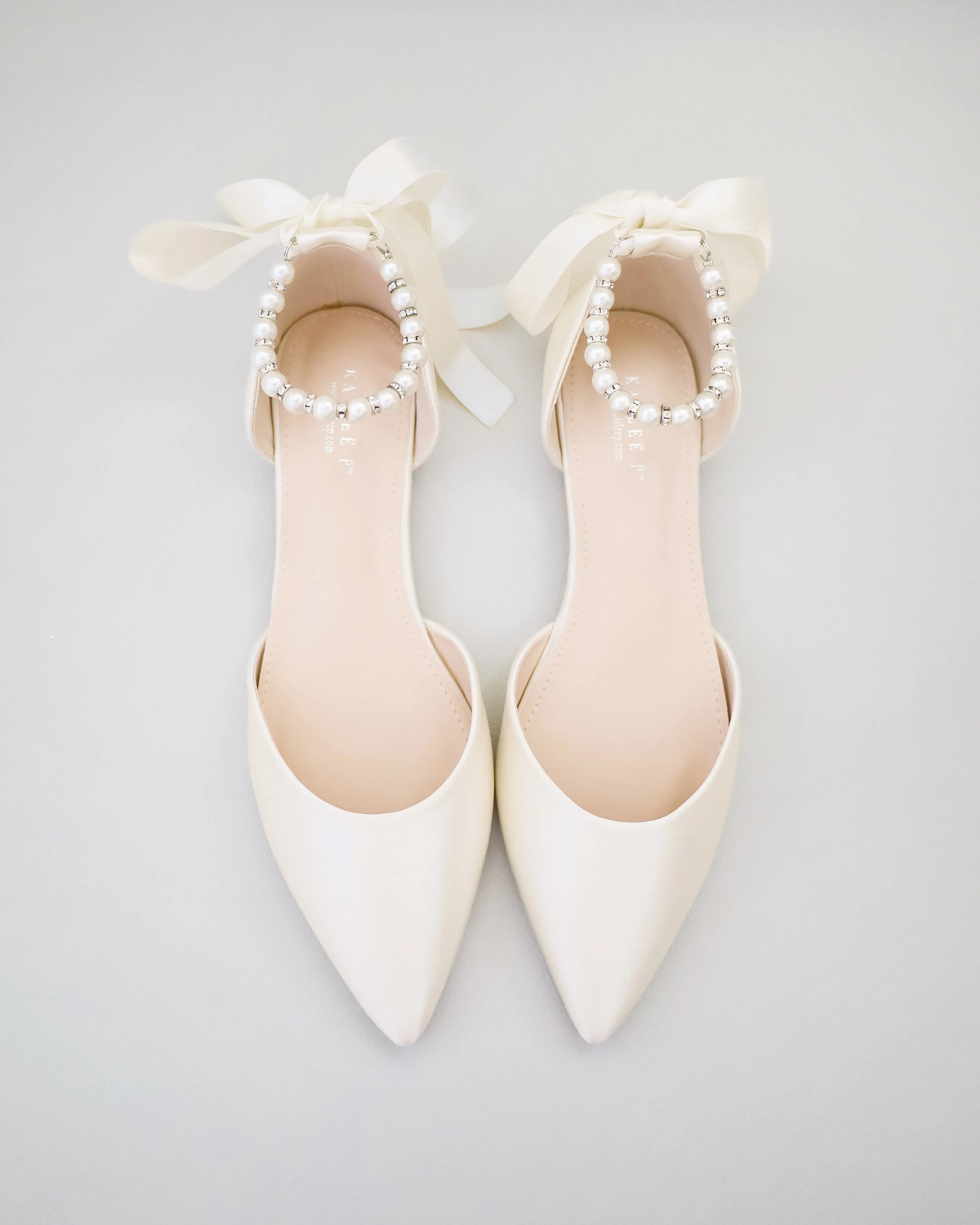 Satin Pointy Toe Bridal Flats with Ribbon Tie or Pearls Strap