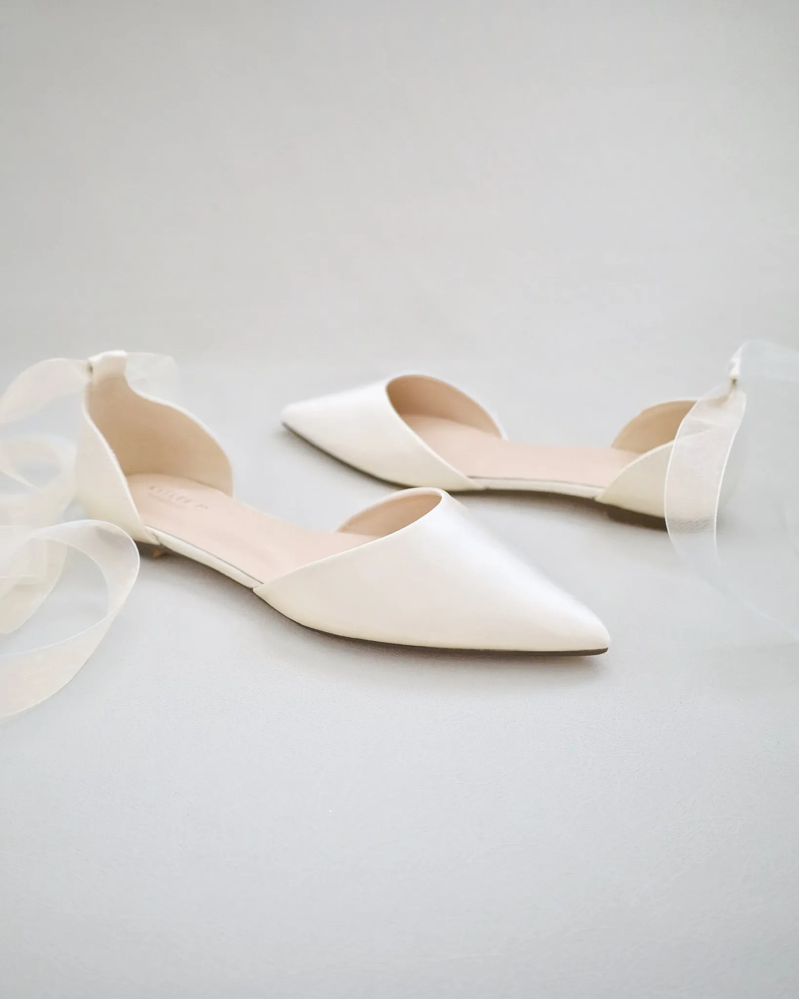 Satin Pointy Toe Bridal Flats with Ribbon Tie or Pearls Strap