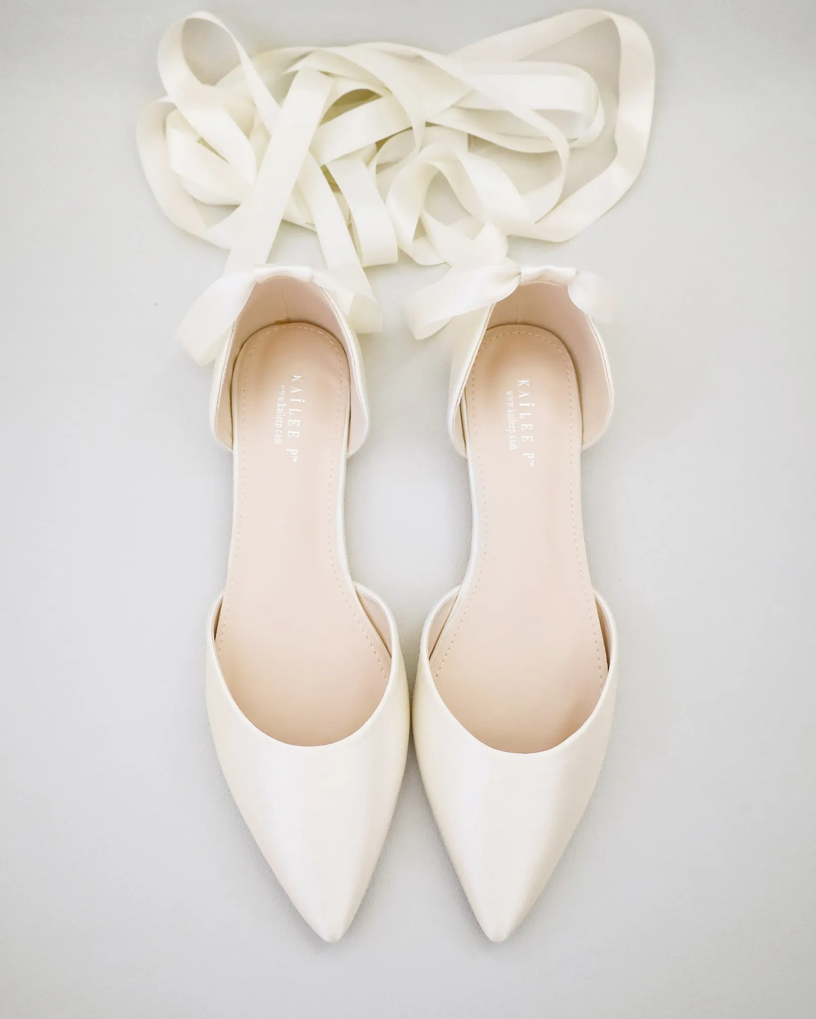Satin Pointy Toe Bridal Flats with Ribbon Tie or Pearls Strap