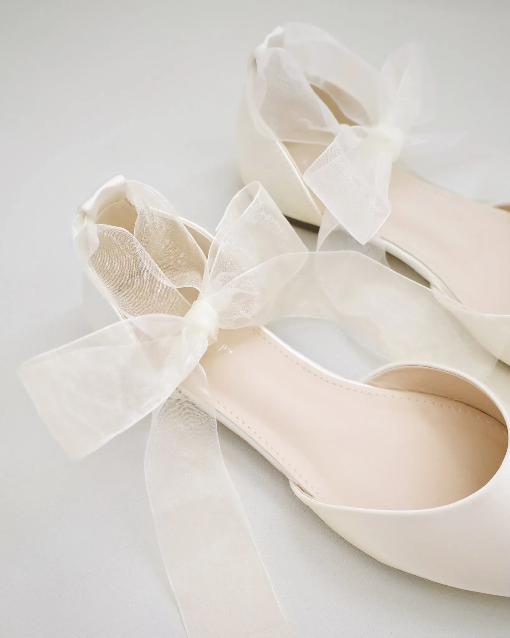 Satin Pointy Toe Bridal Flats with Ribbon Tie or Pearls Strap