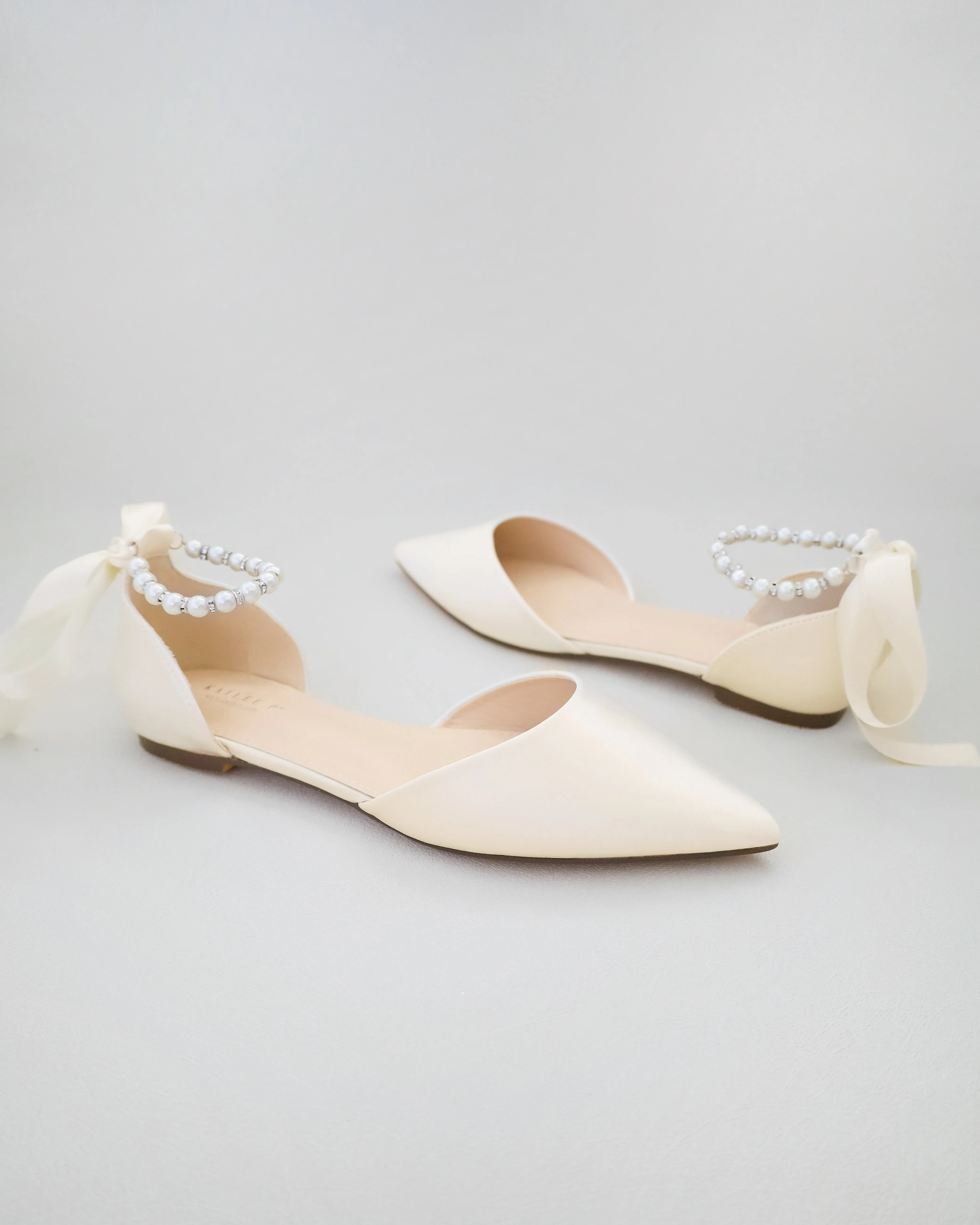 Satin Pointy Toe Bridal Flats with Ribbon Tie or Pearls Strap