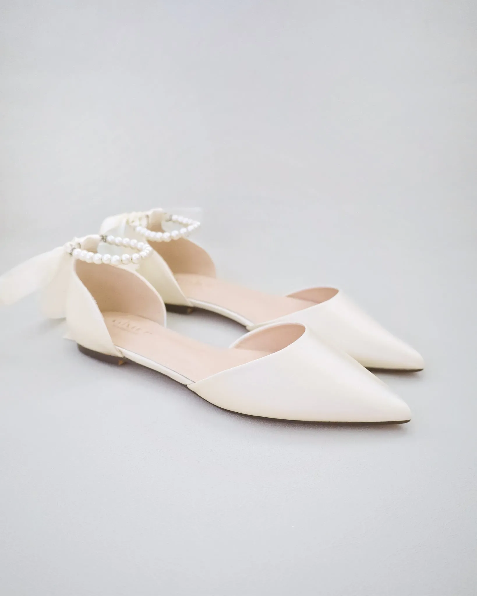 Satin Pointy Toe Bridal Flats with Ribbon Tie or Pearls Strap