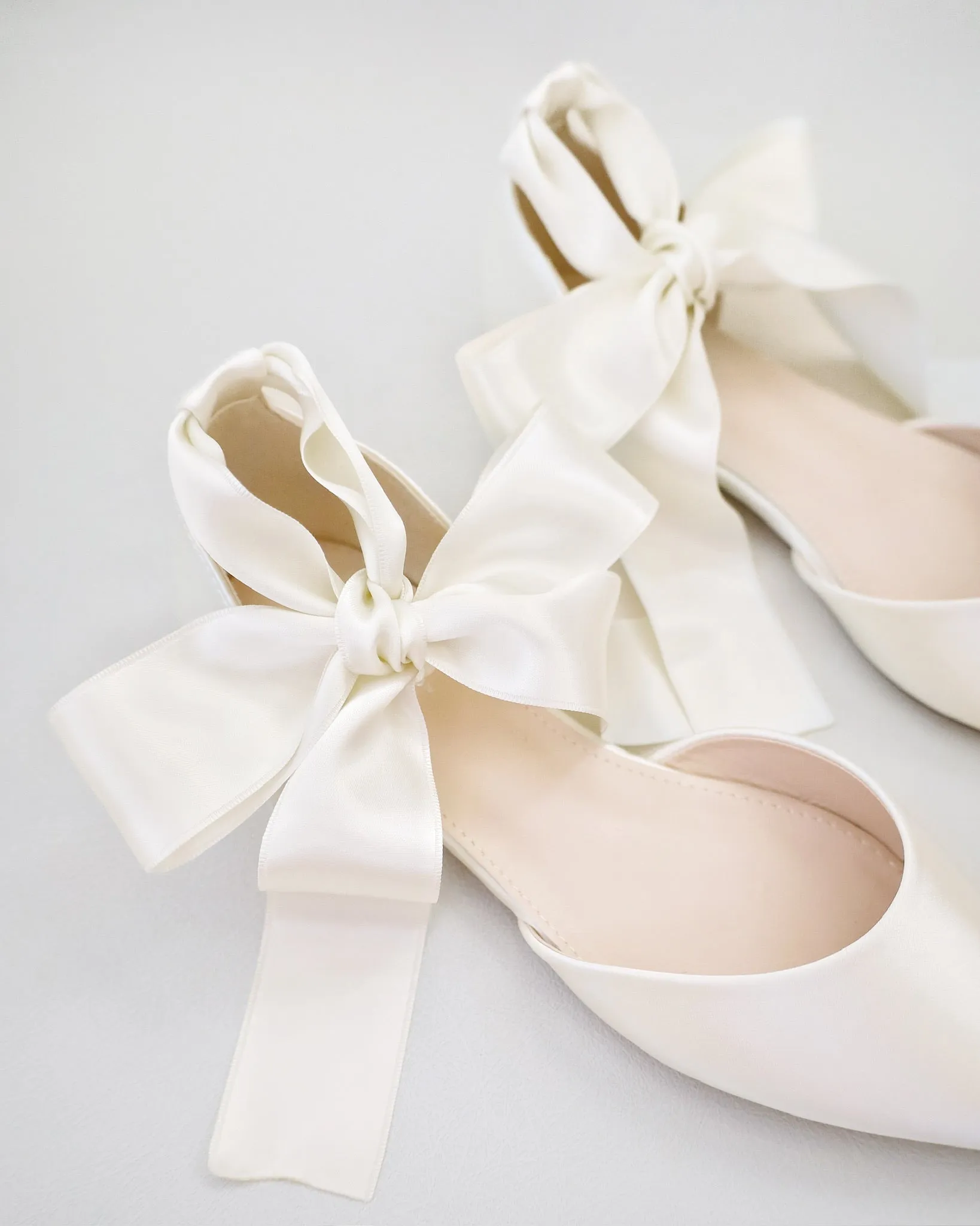 Satin Pointy Toe Bridal Flats with Ribbon Tie or Pearls Strap