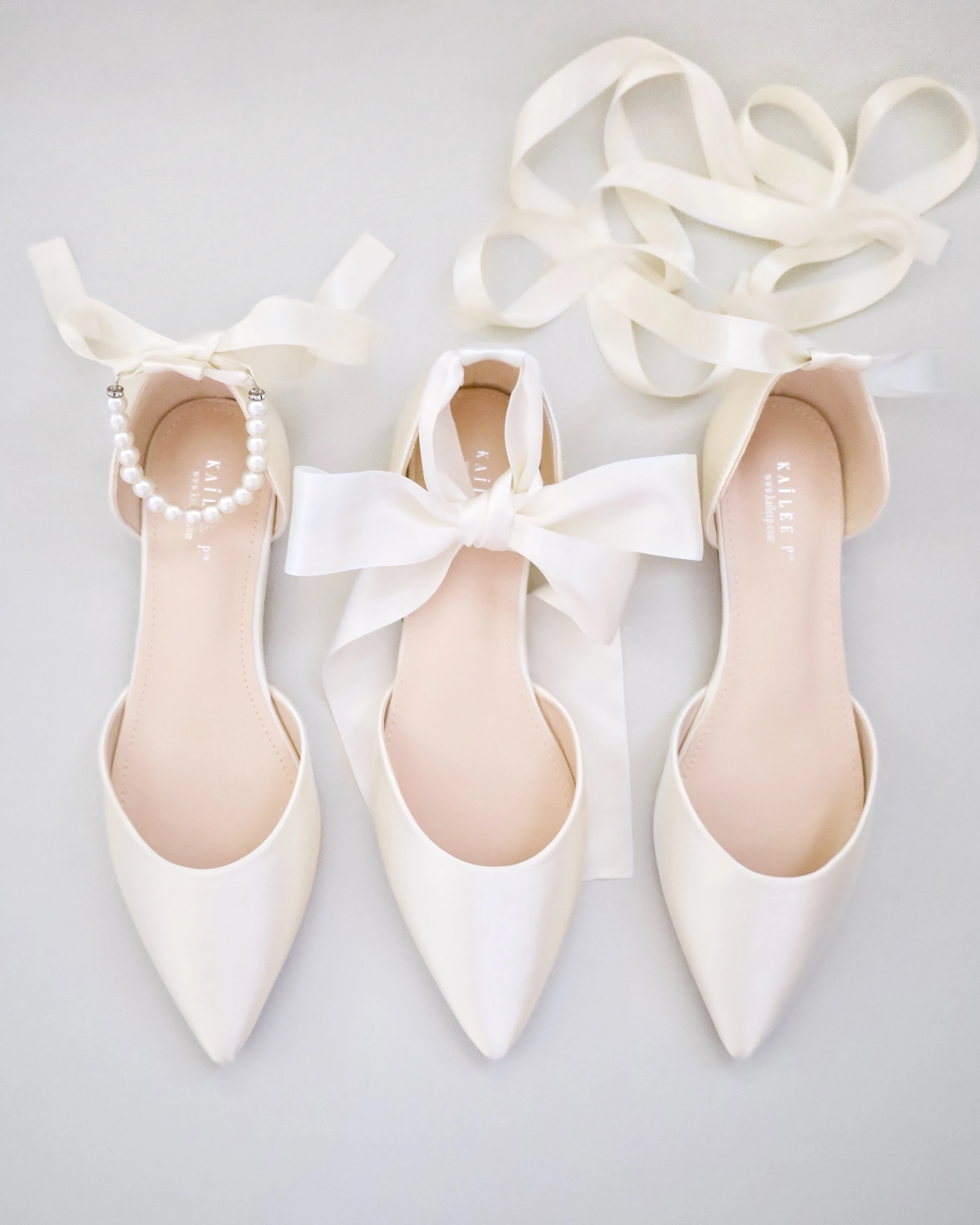 Satin Pointy Toe Bridal Flats with Ribbon Tie or Pearls Strap
