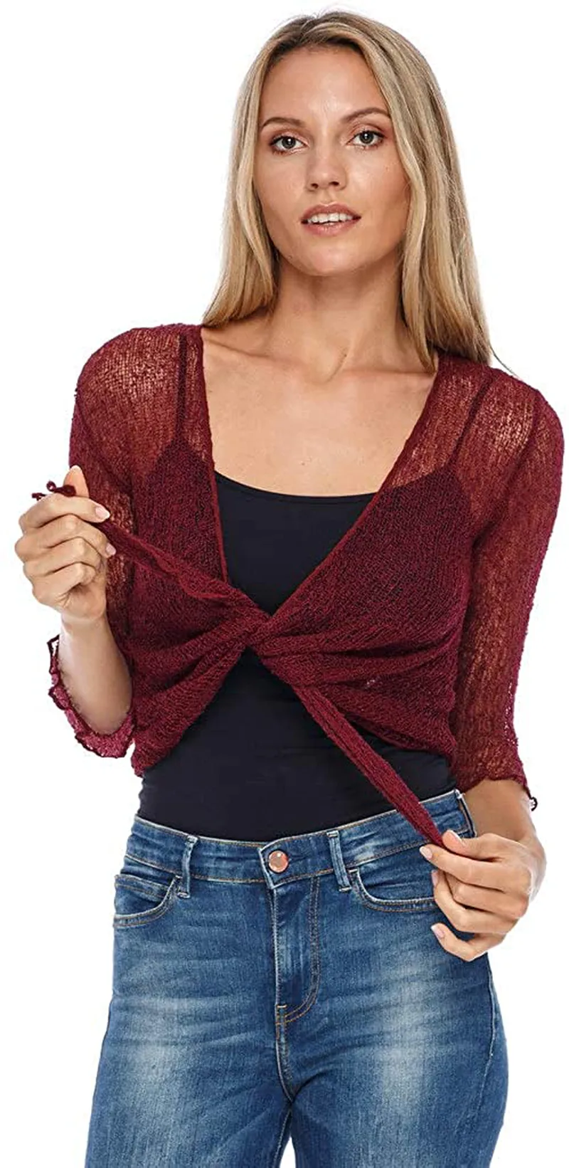 SHU-SHI Womens Sheer Shrug Tie Top Open Front Cardigan Lightweight Knit