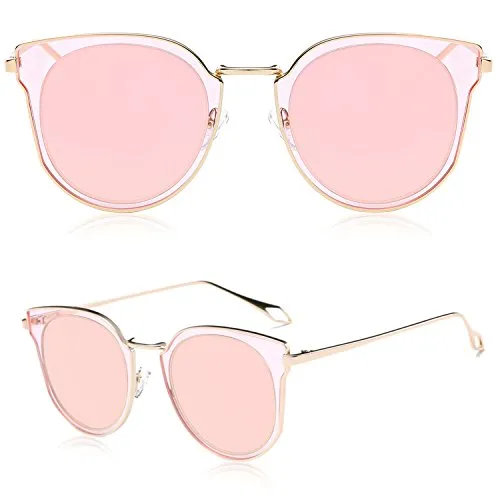 SOJOS Fashion Round Polarized Sunglasses for Women UV400 Mirrored Lens SJ1057 with Rose Gold Frame/Pink Mirrored Lens
