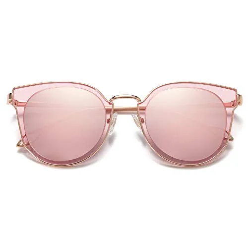 SOJOS Fashion Round Polarized Sunglasses for Women UV400 Mirrored Lens SJ1057 with Rose Gold Frame/Pink Mirrored Lens