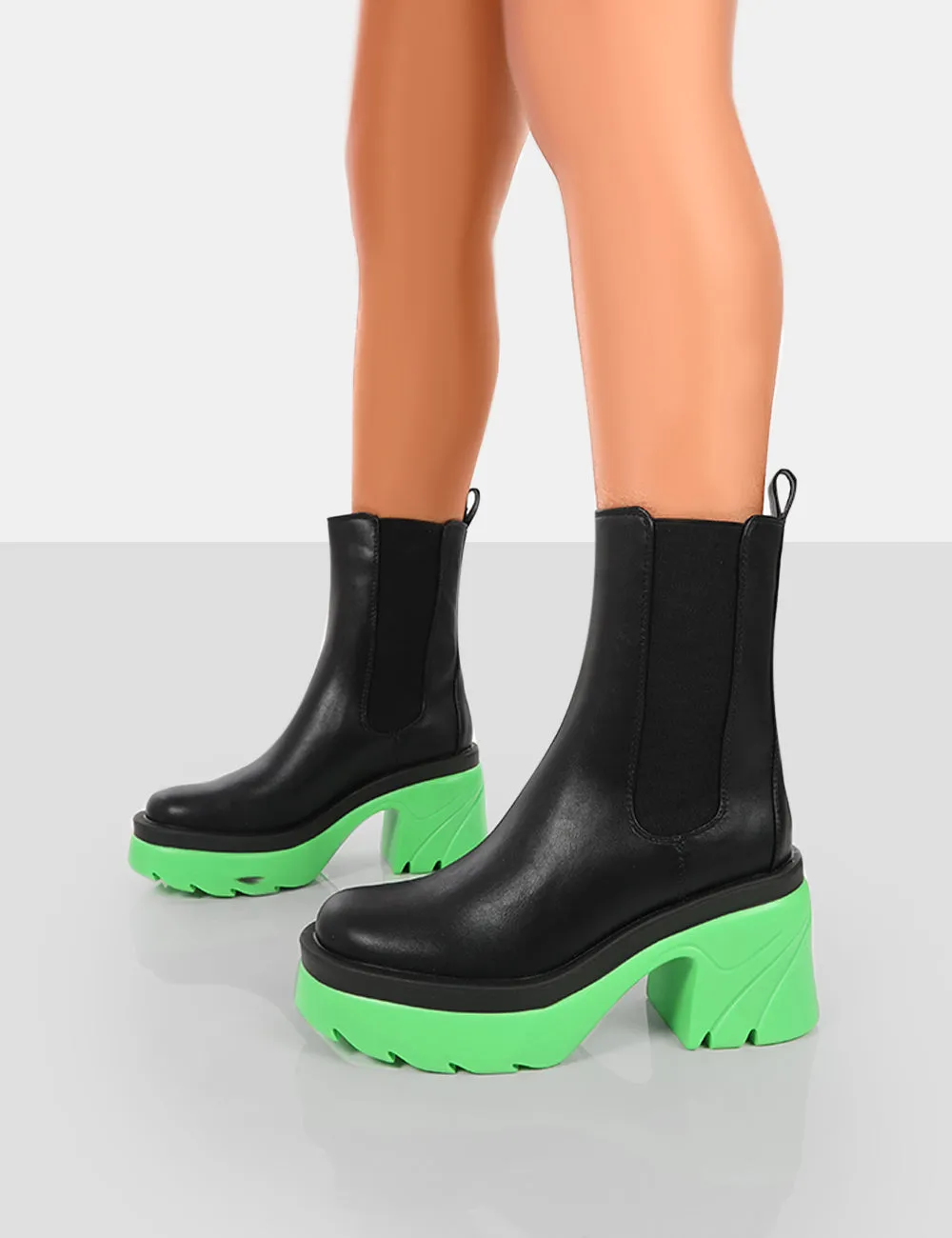 Step Up Black Green PU Heeled Ankle Boots