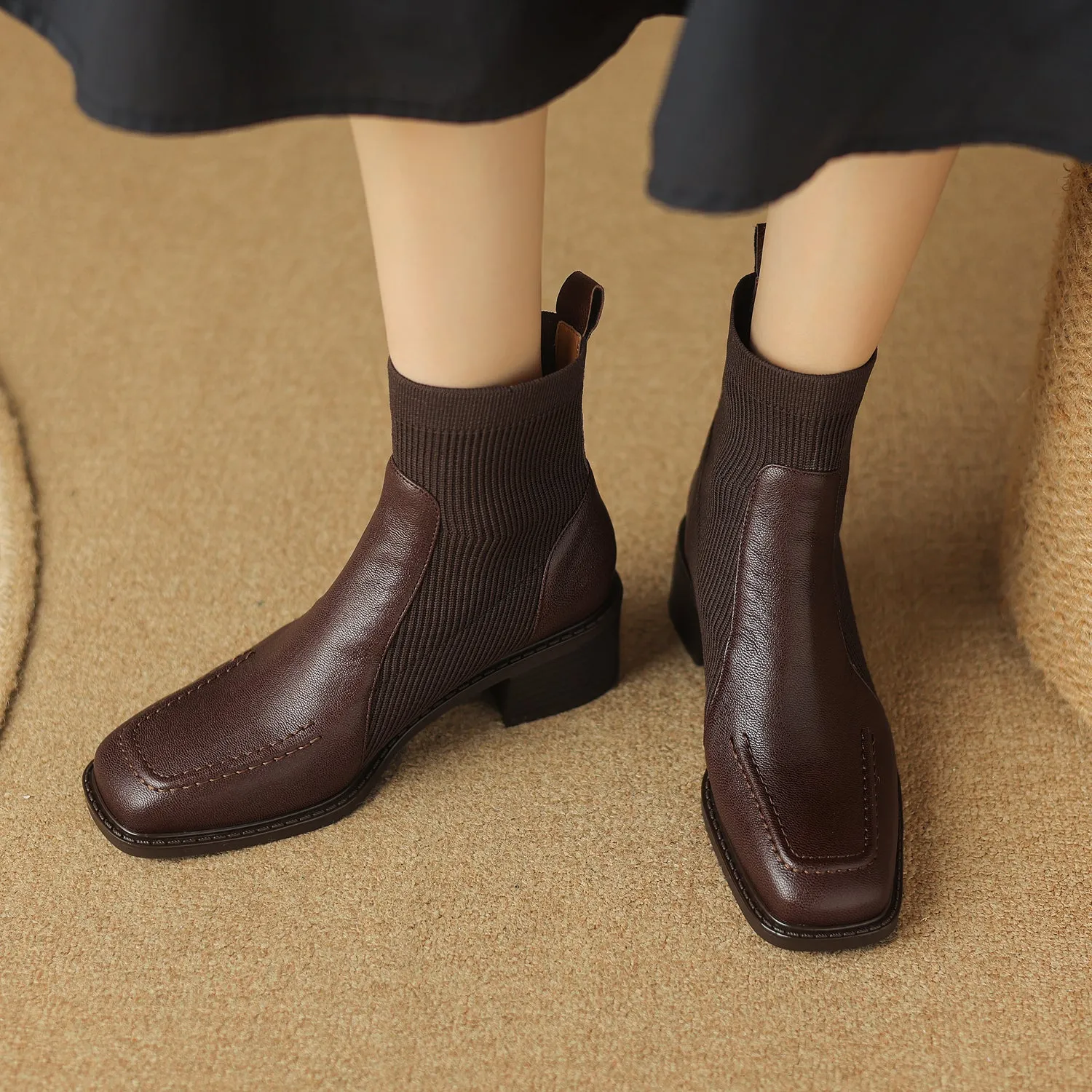 TinaCus Block Heel Women's Handmade Genuine Leather Stretch Slip On Square Toe Ankle Boots