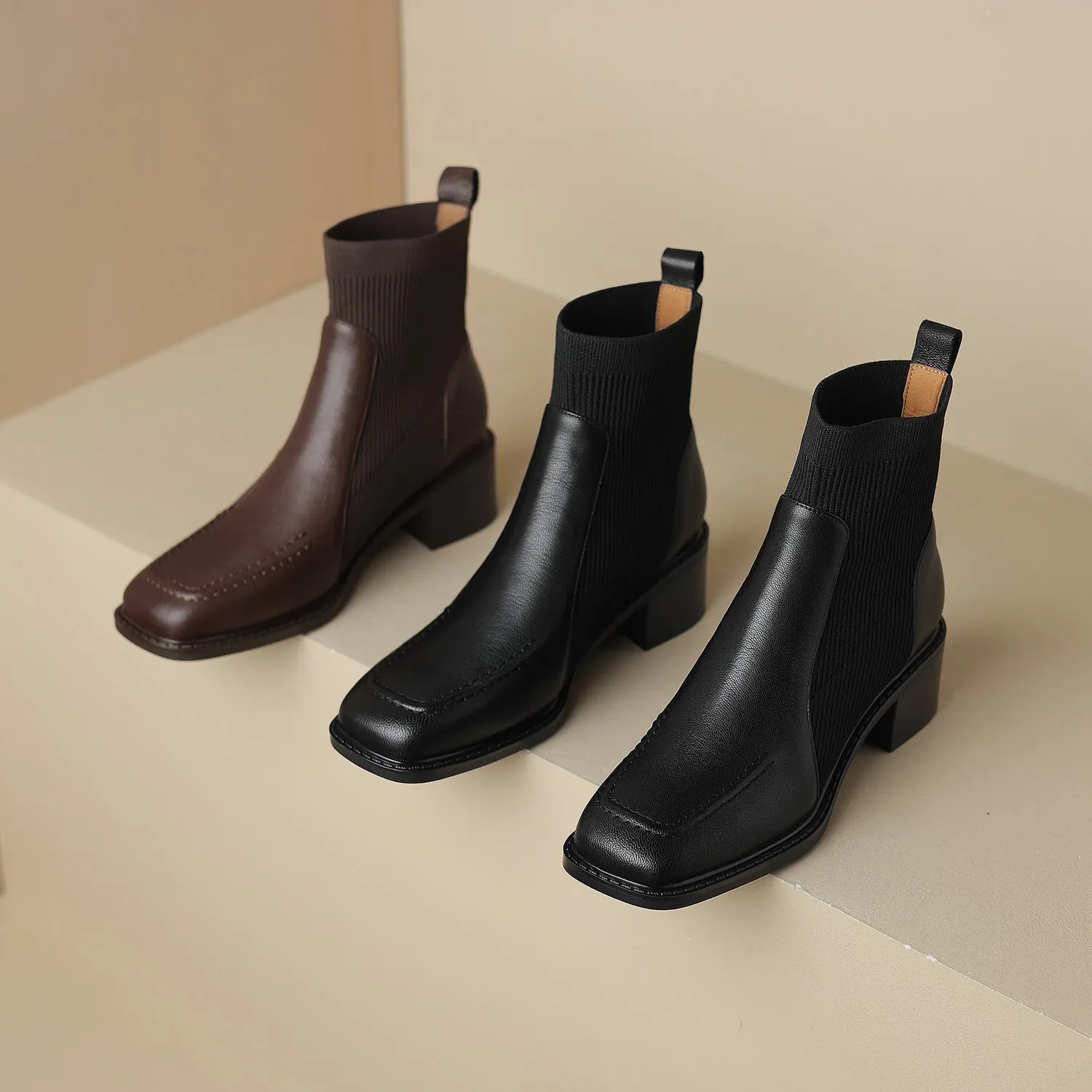 TinaCus Block Heel Women's Handmade Genuine Leather Stretch Slip On Square Toe Ankle Boots