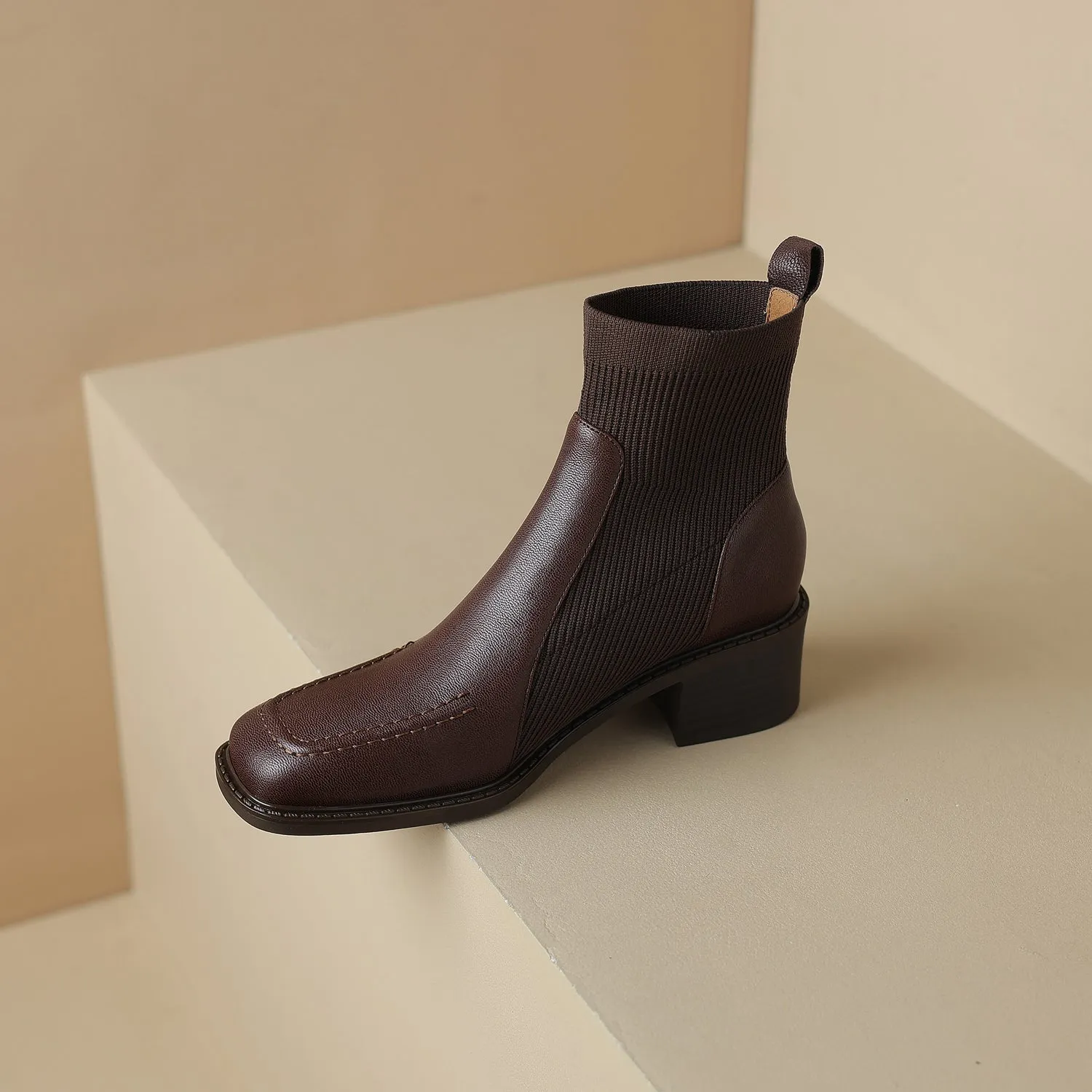 TinaCus Block Heel Women's Handmade Genuine Leather Stretch Slip On Square Toe Ankle Boots
