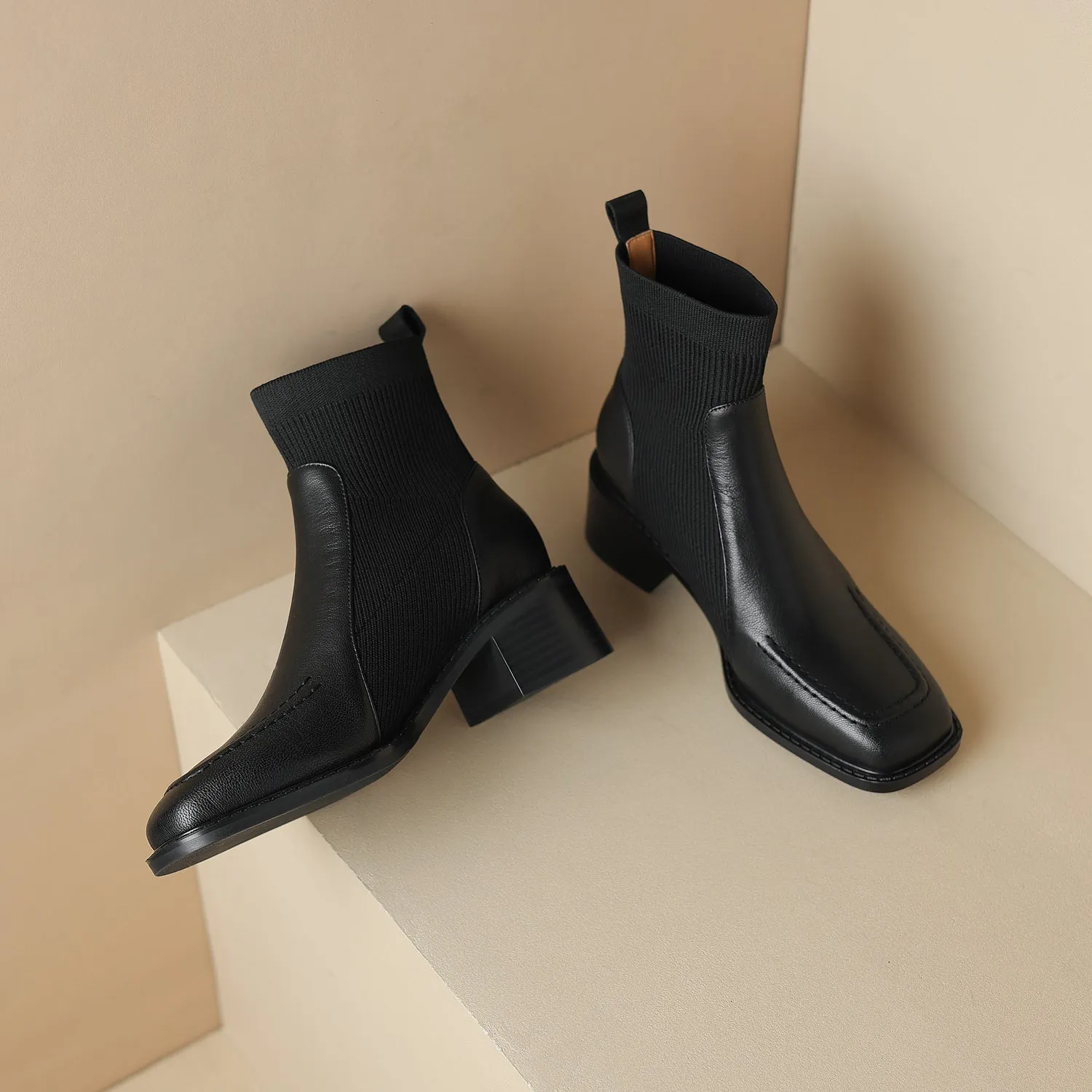 TinaCus Block Heel Women's Handmade Genuine Leather Stretch Slip On Square Toe Ankle Boots