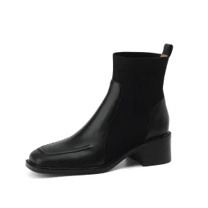 TinaCus Block Heel Women's Handmade Genuine Leather Stretch Slip On Square Toe Ankle Boots
