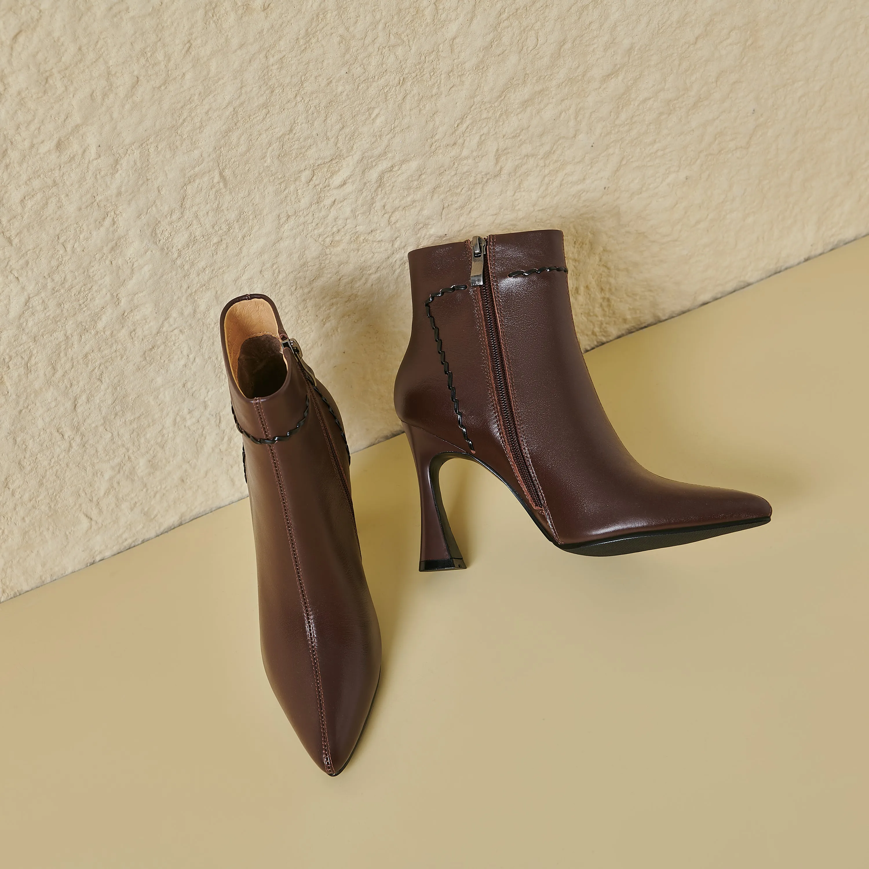 TinaCus Women's Genuine Leather High Heel Pointed Toe Handmade Zip Up Ankle Boots