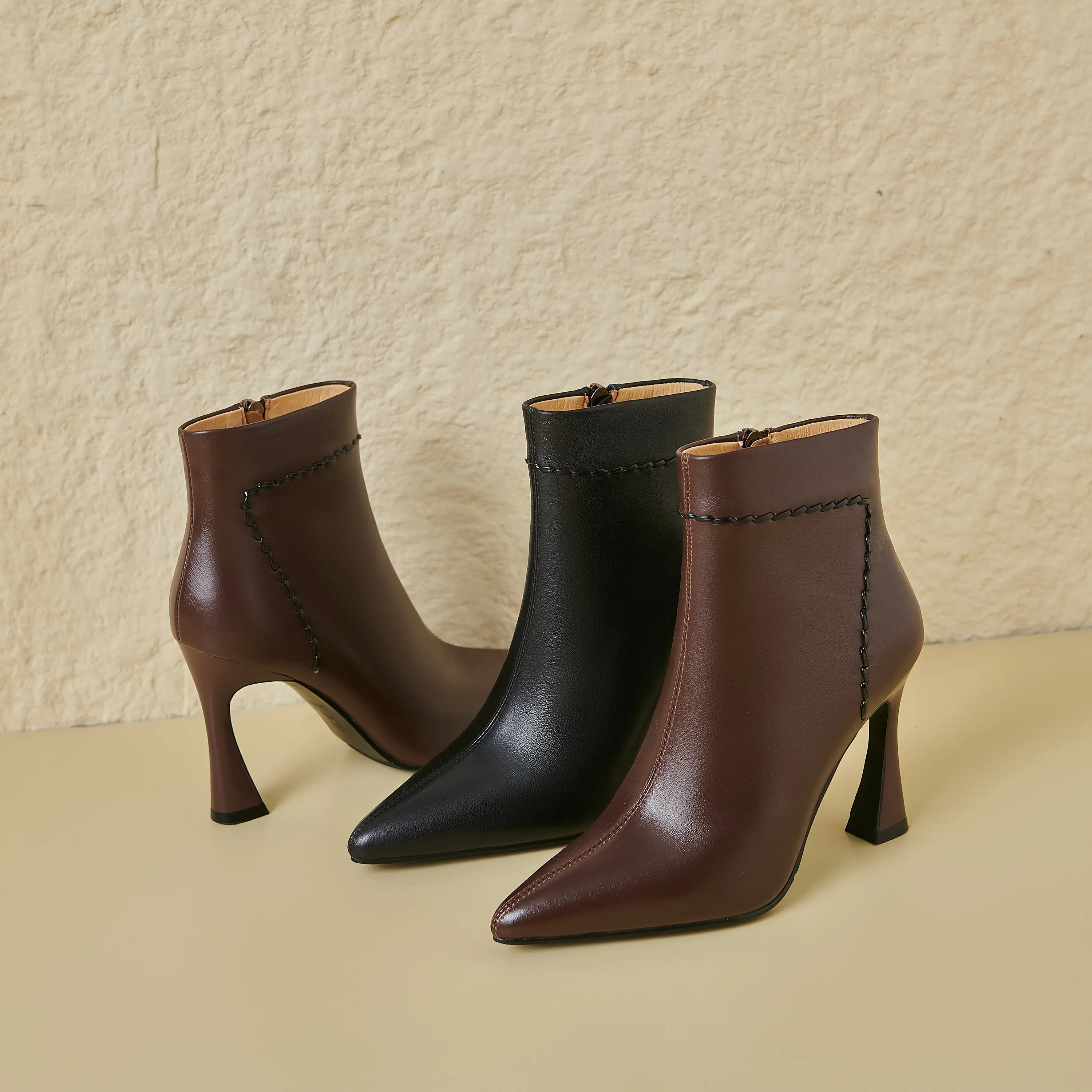 TinaCus Women's Genuine Leather High Heel Pointed Toe Handmade Zip Up Ankle Boots