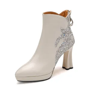 TinaCus Women's Handmade Genuine Leather Glitter Pattern High Heel Platform Zip Up Ankle Boots