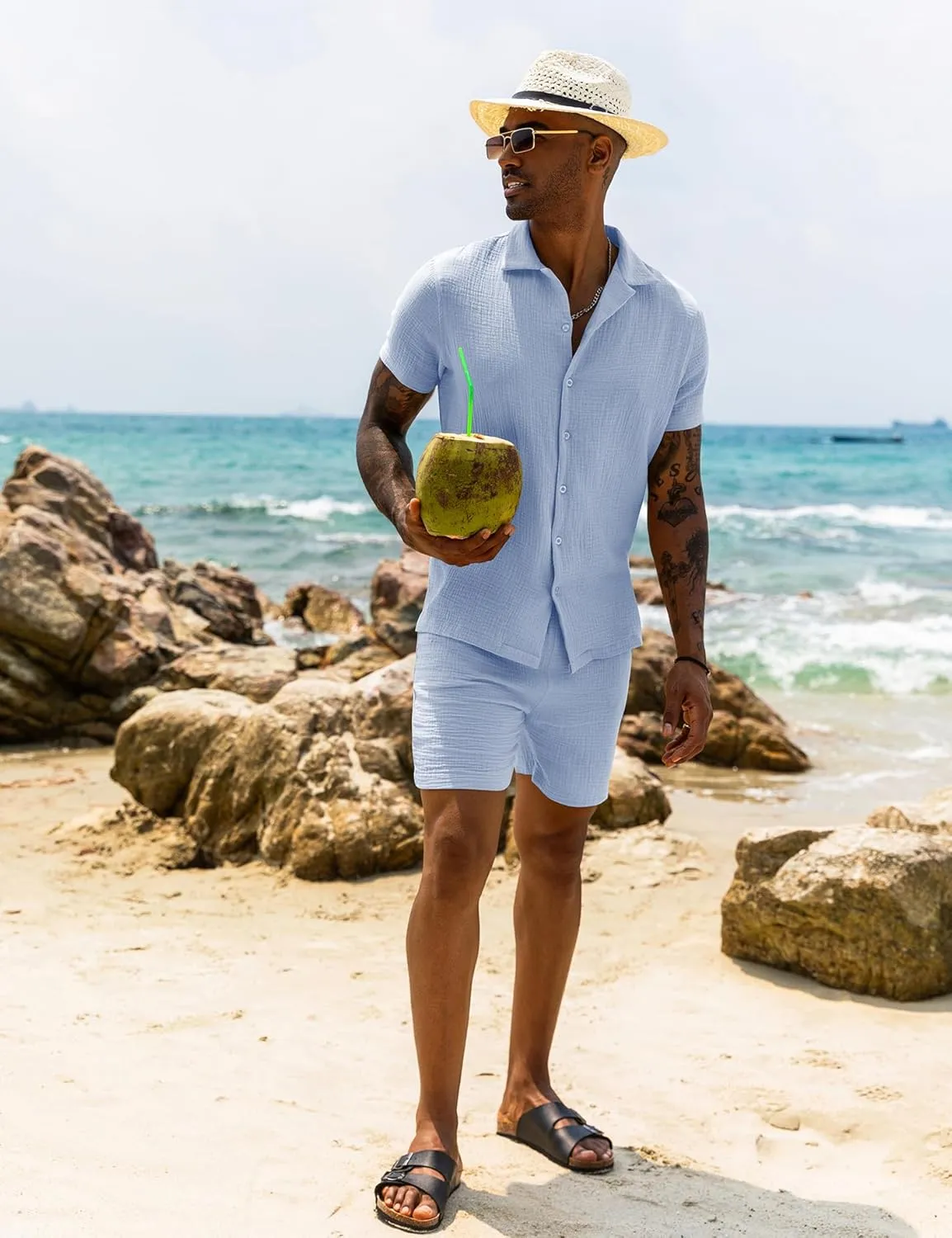 URRU Mens 2 Piece Outfits Summer Fashion Short Sleeve Shirt and Shorts Set Beach Tropical Vacation Outfits Sets
