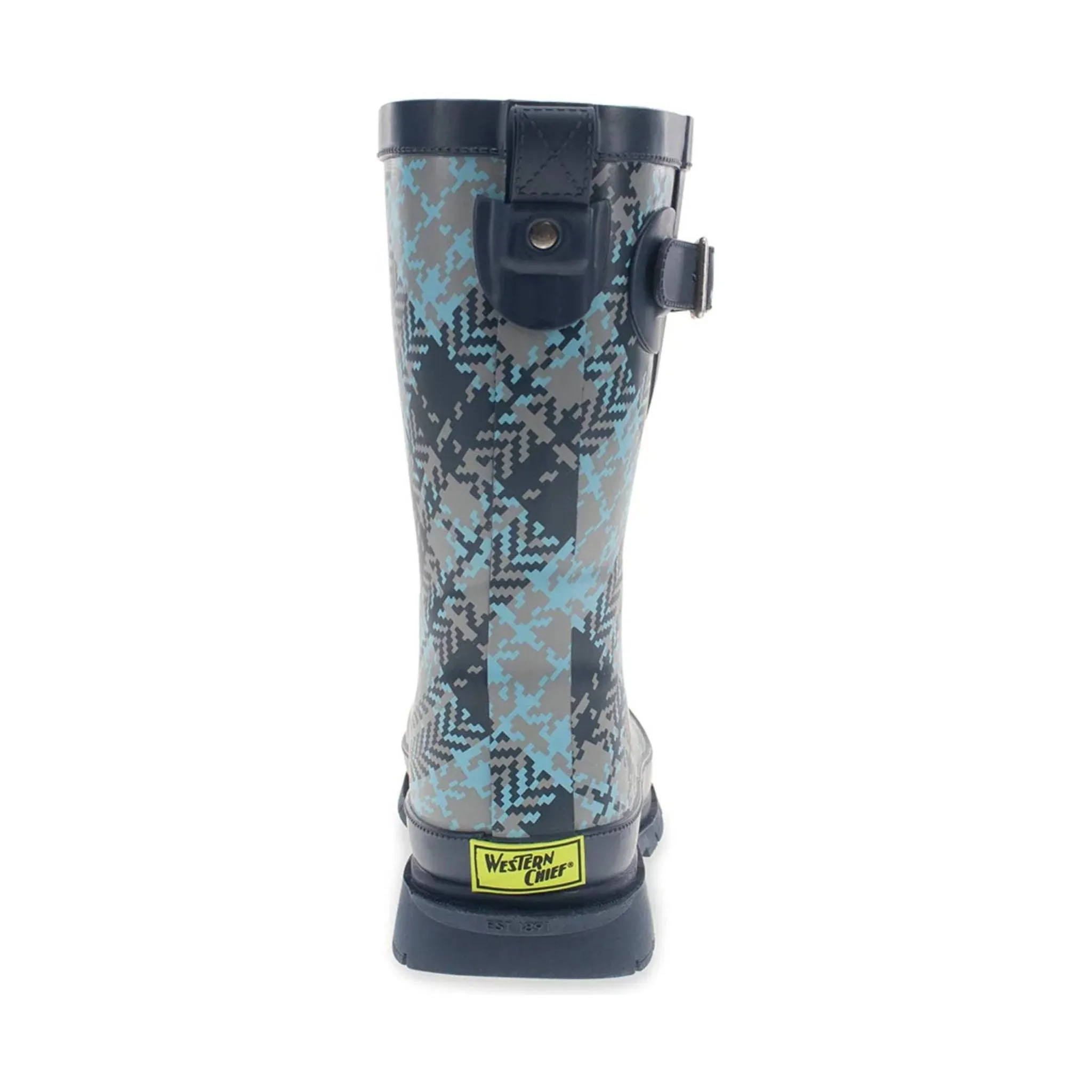 Western Tweed Plaid Faux Fur Mid Rain Boot - Blue Plaid