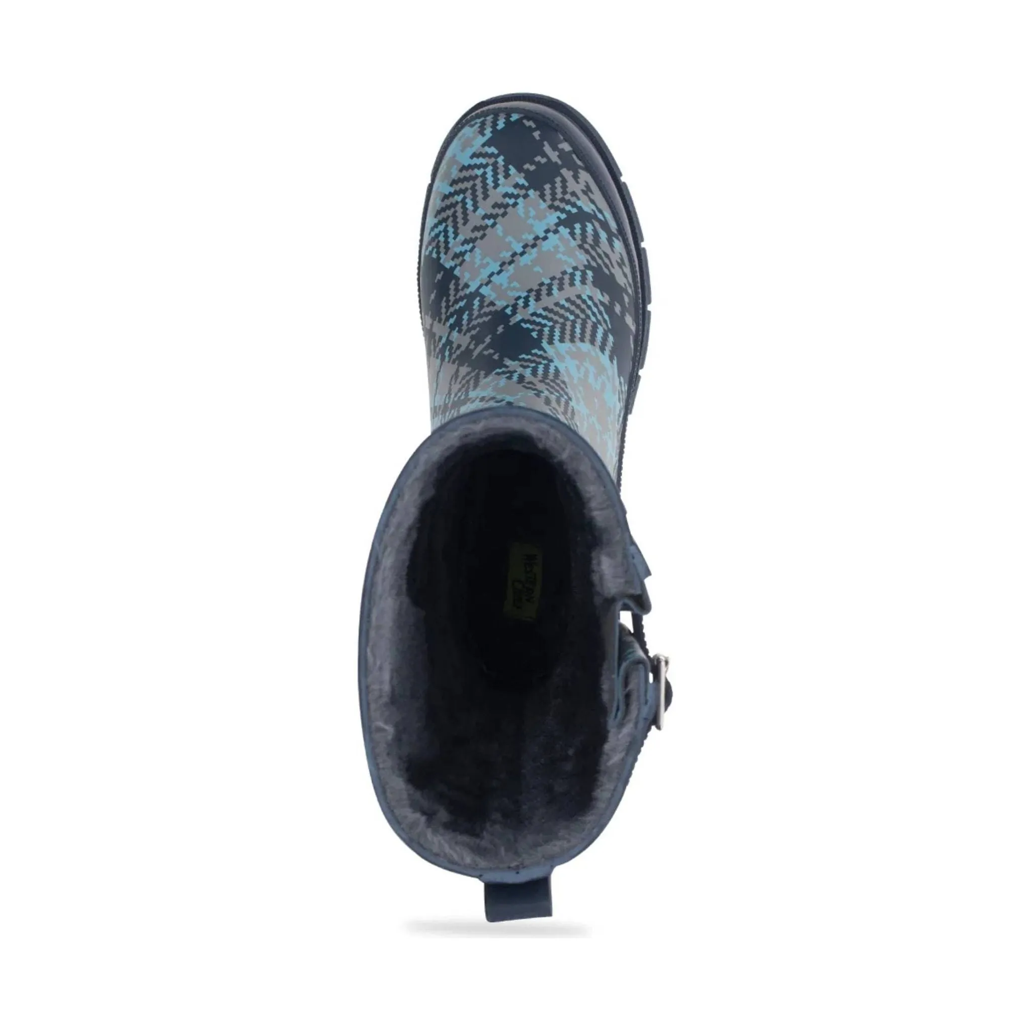 Western Tweed Plaid Faux Fur Mid Rain Boot - Blue Plaid
