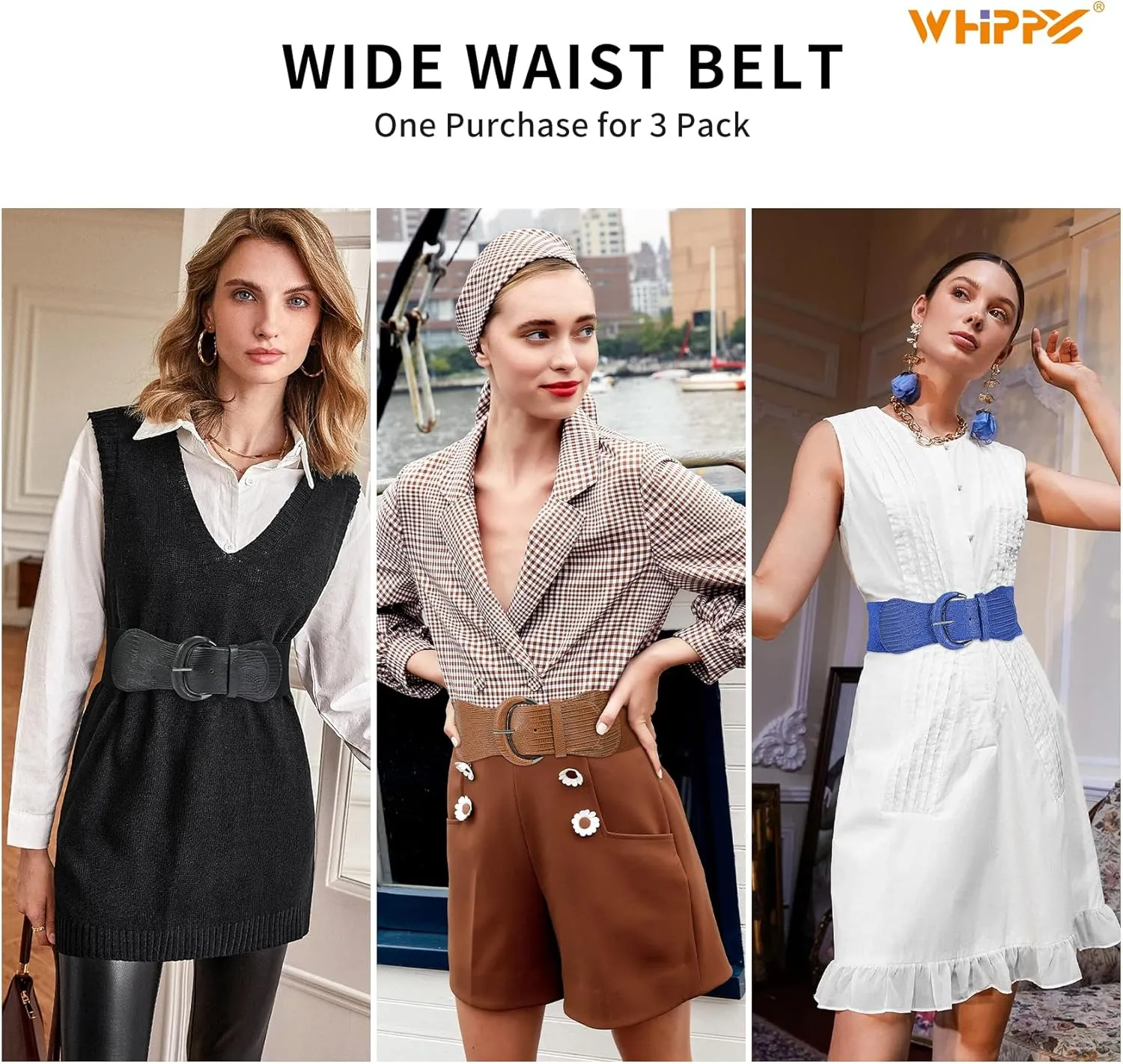 WHIPPY 3 Pack 4 Pack Women Wide Elastic Waist Belt Vintage Stretchy Belt Waistband for Ladies Dresses