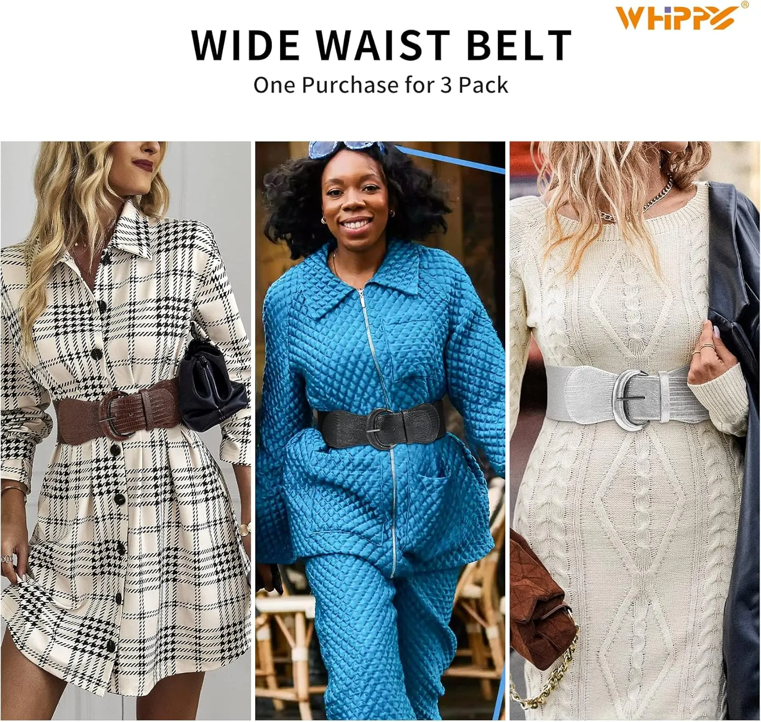 WHIPPY 3 Pack 4 Pack Women Wide Elastic Waist Belt Vintage Stretchy Belt Waistband for Ladies Dresses