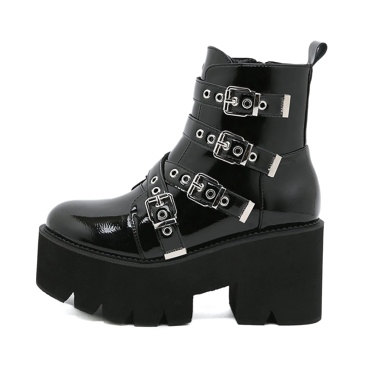 Women's black punk gothic chunky platform booties square heels buckle strap biker boots