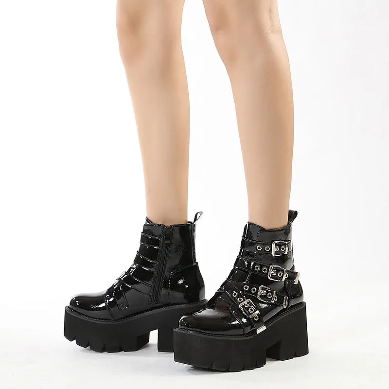 Women's black punk gothic chunky platform booties square heels buckle strap biker boots