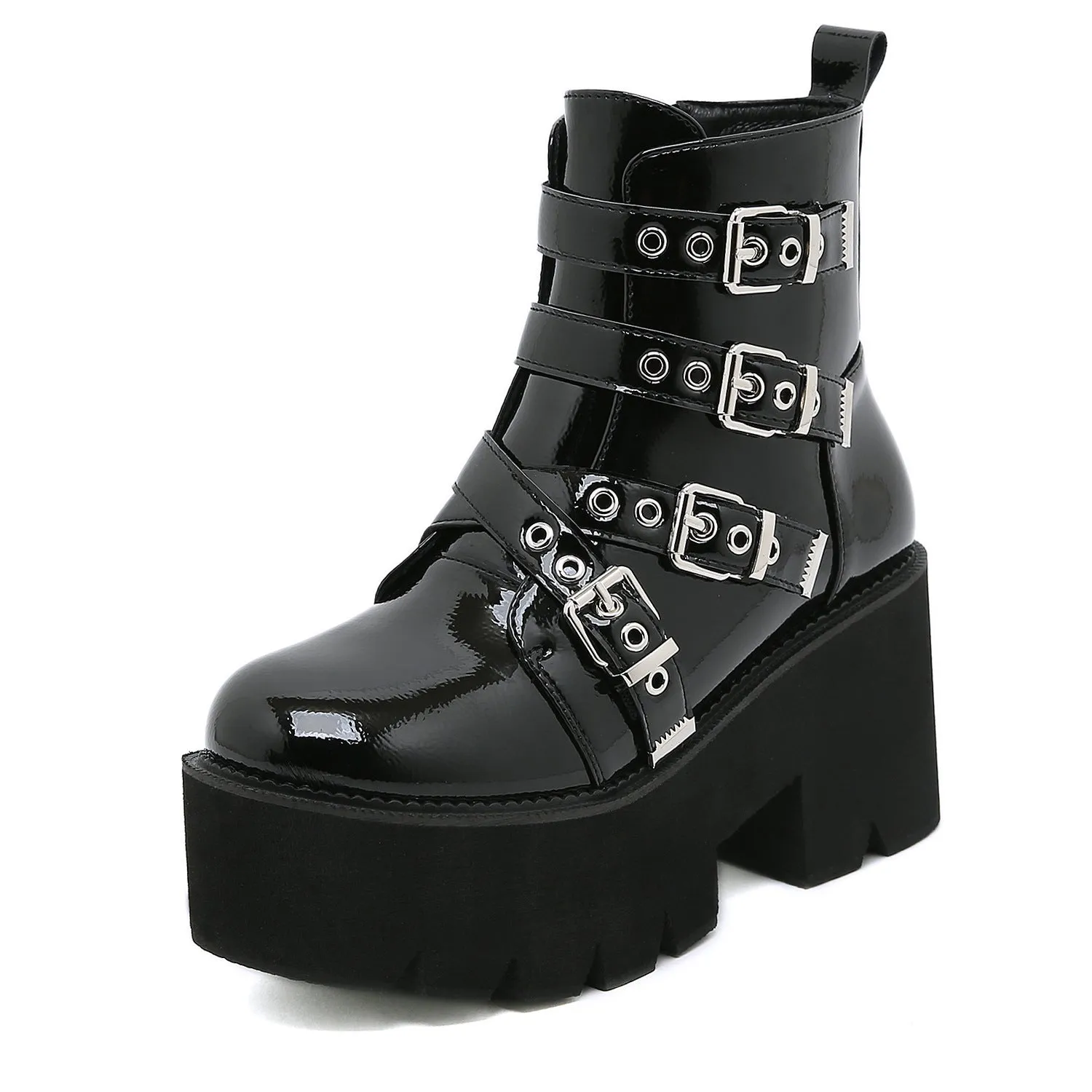 Women's black punk gothic chunky platform booties square heels buckle strap biker boots