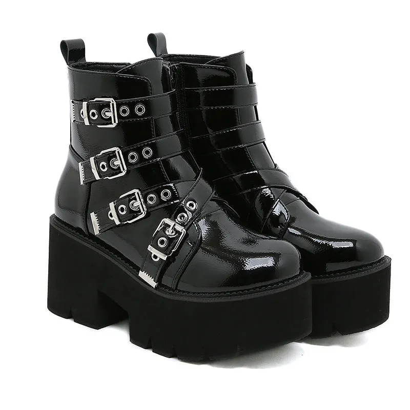 Women's black punk gothic chunky platform booties square heels buckle strap biker boots