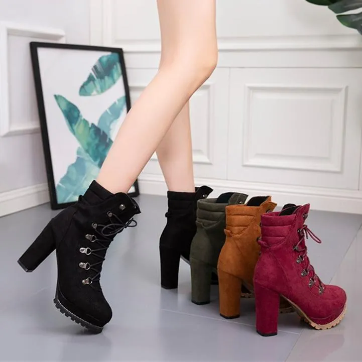Women's faux suede chunky high heel combat booties