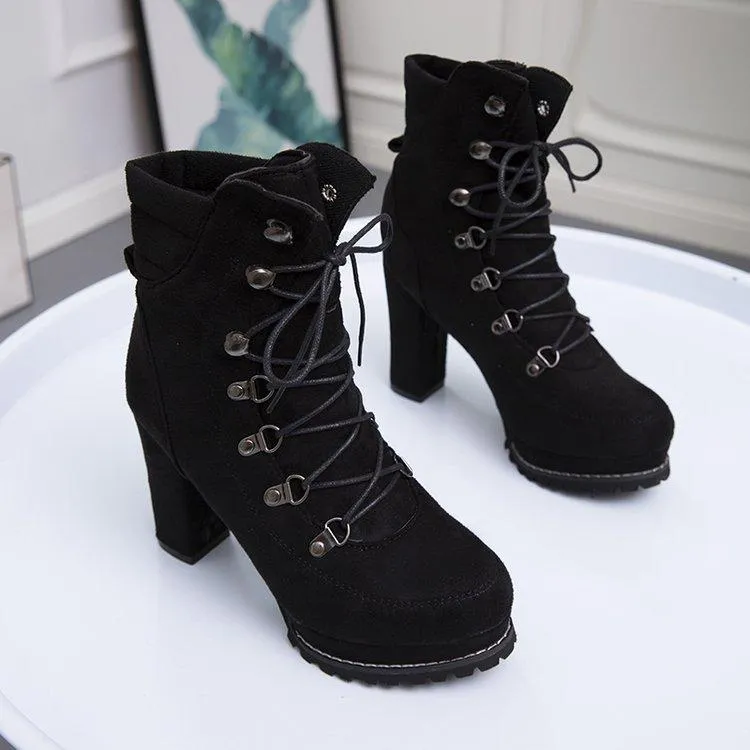 Women's faux suede chunky high heel combat booties