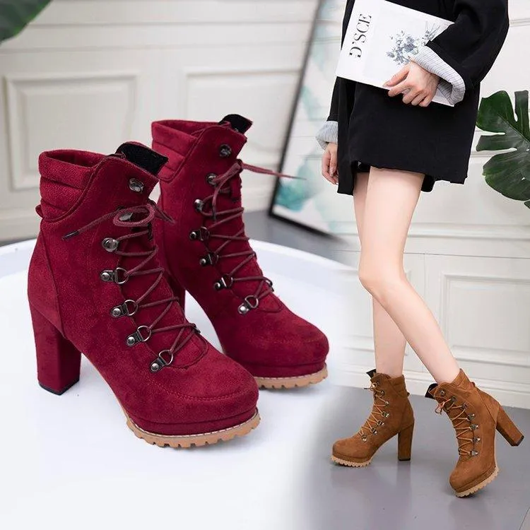 Women's faux suede chunky high heel combat booties