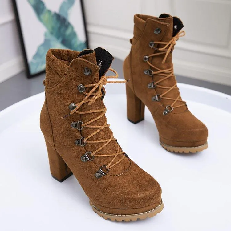 Women's faux suede chunky high heel combat booties