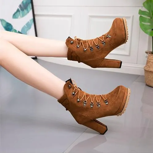 Women's faux suede chunky high heel combat booties