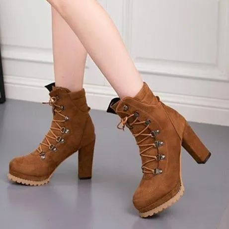 Women's faux suede chunky high heel combat booties