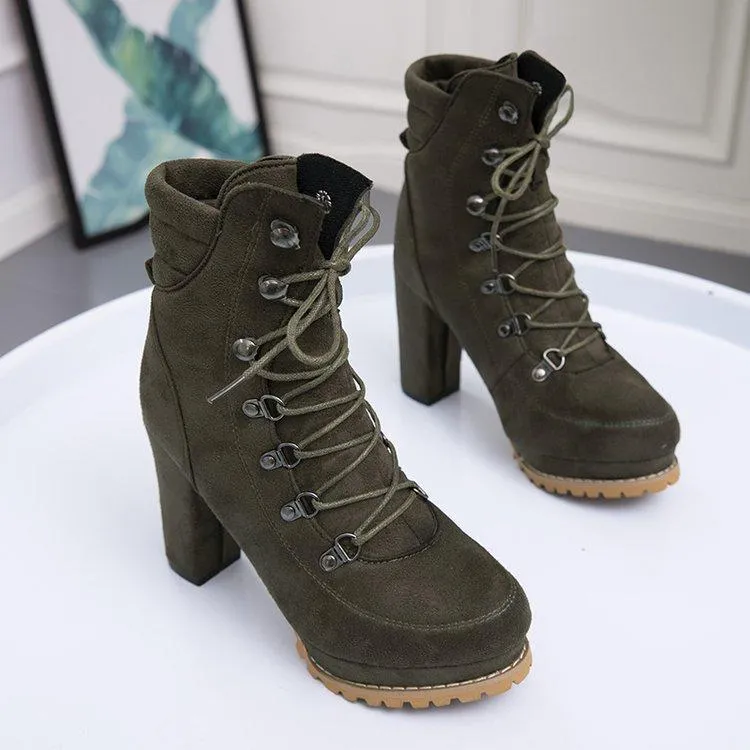 Women's faux suede chunky high heel combat booties