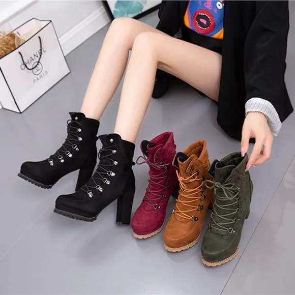 Women's faux suede chunky high heel combat booties