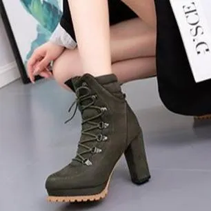 Women's faux suede chunky high heel combat booties