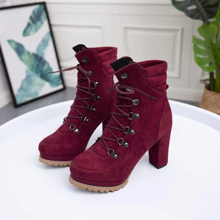 Women's faux suede chunky high heel combat booties