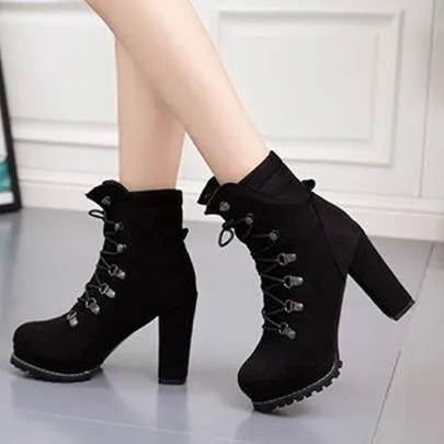 Women's faux suede chunky high heel combat booties
