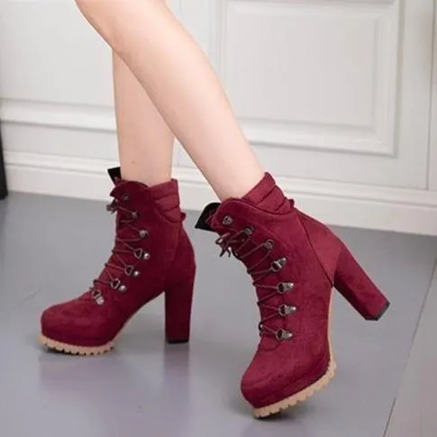 Women's faux suede chunky high heel combat booties