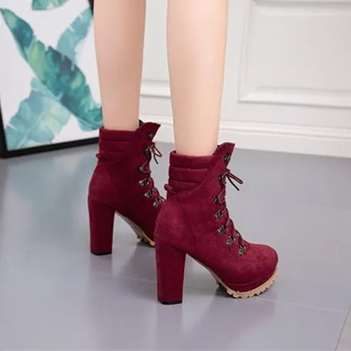 Women's faux suede chunky high heel combat booties