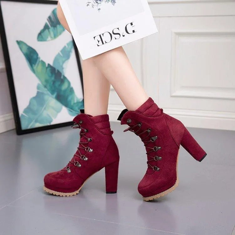 Women's faux suede chunky high heel combat booties