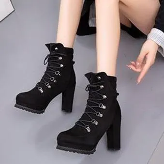 Women's faux suede chunky high heel combat booties