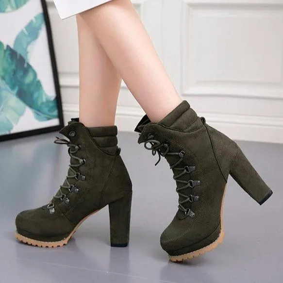 Women's faux suede chunky high heel combat booties